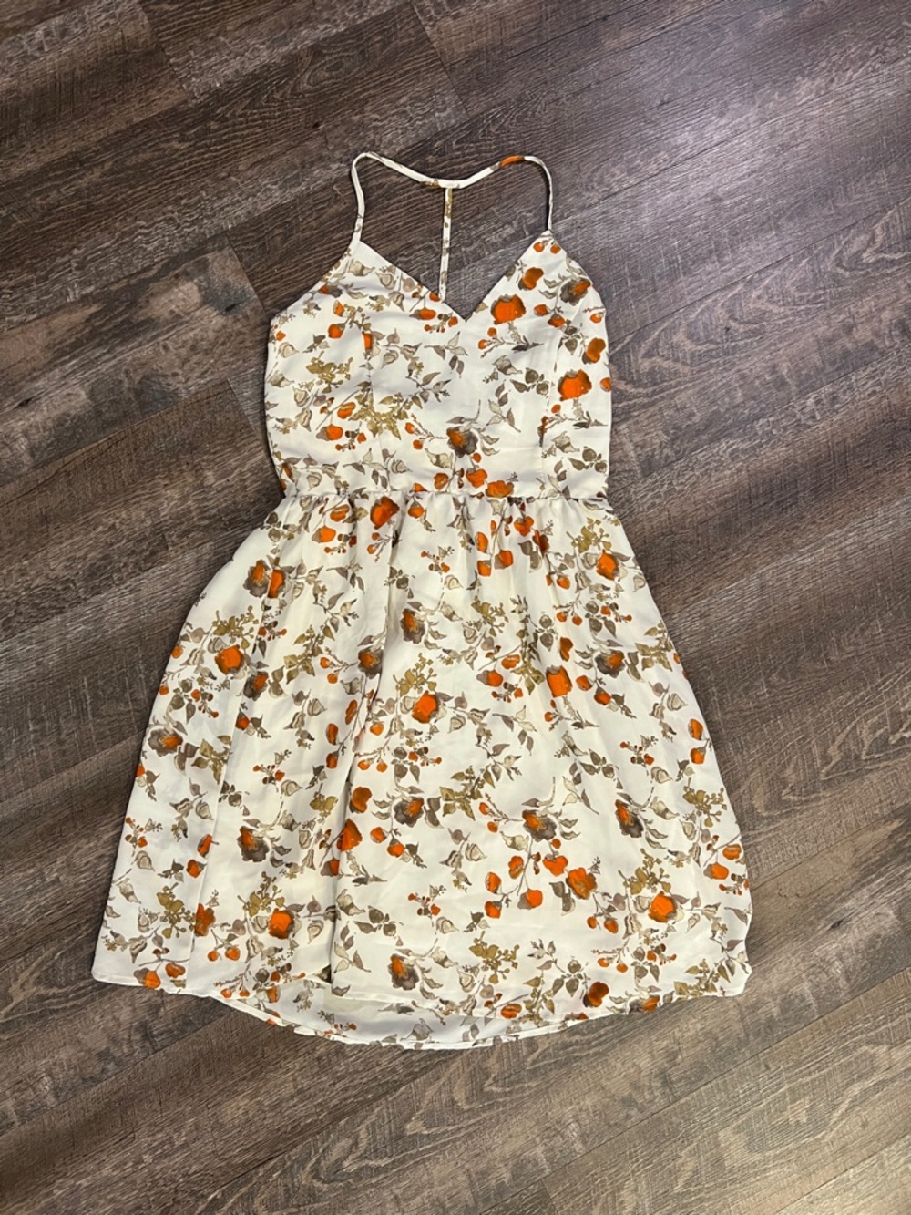Ivory Floral Midi Dress with Orange Accents